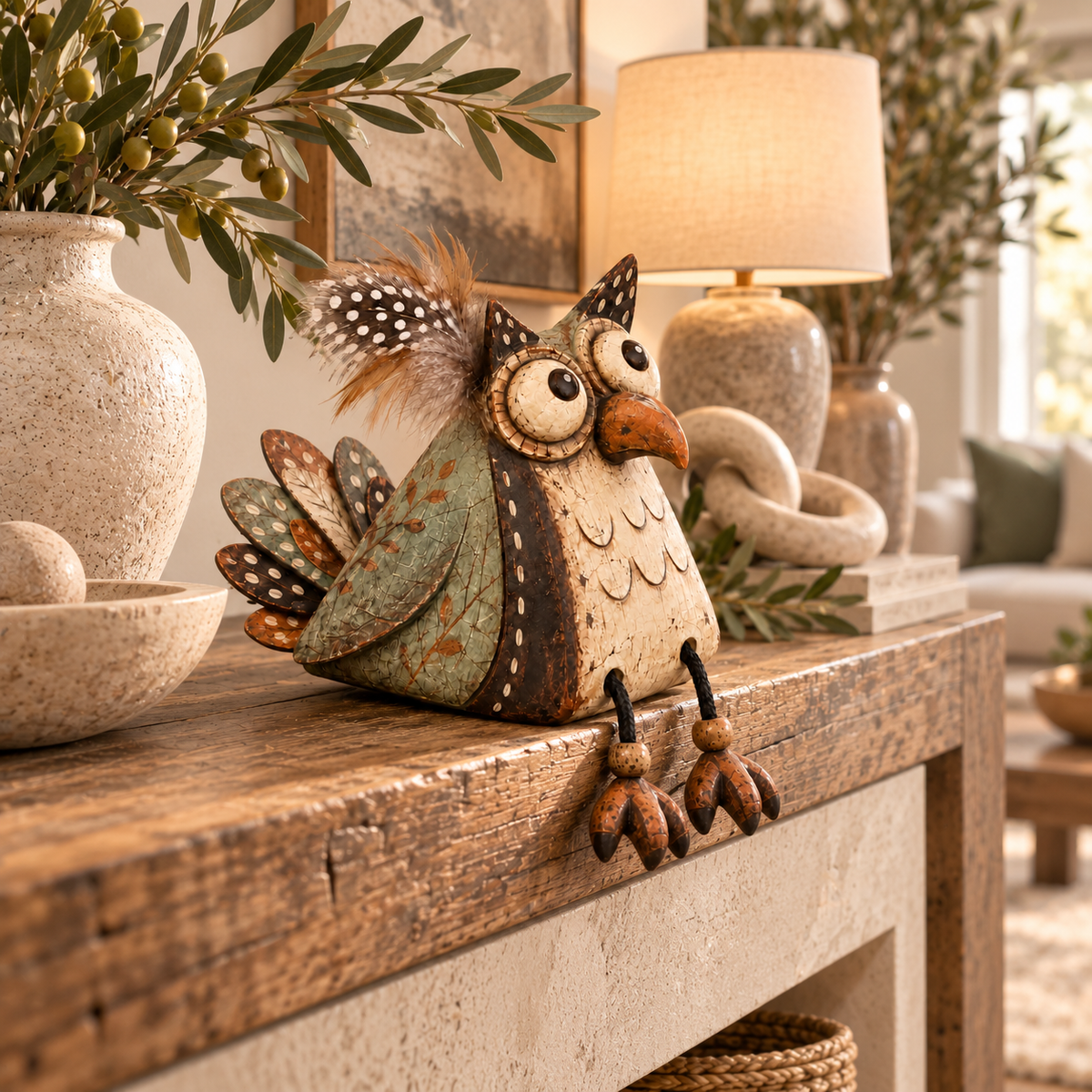 🦉🍂 Statuette de hibou rustique pour étagère--un charme fermier ludique pour chaque coin
