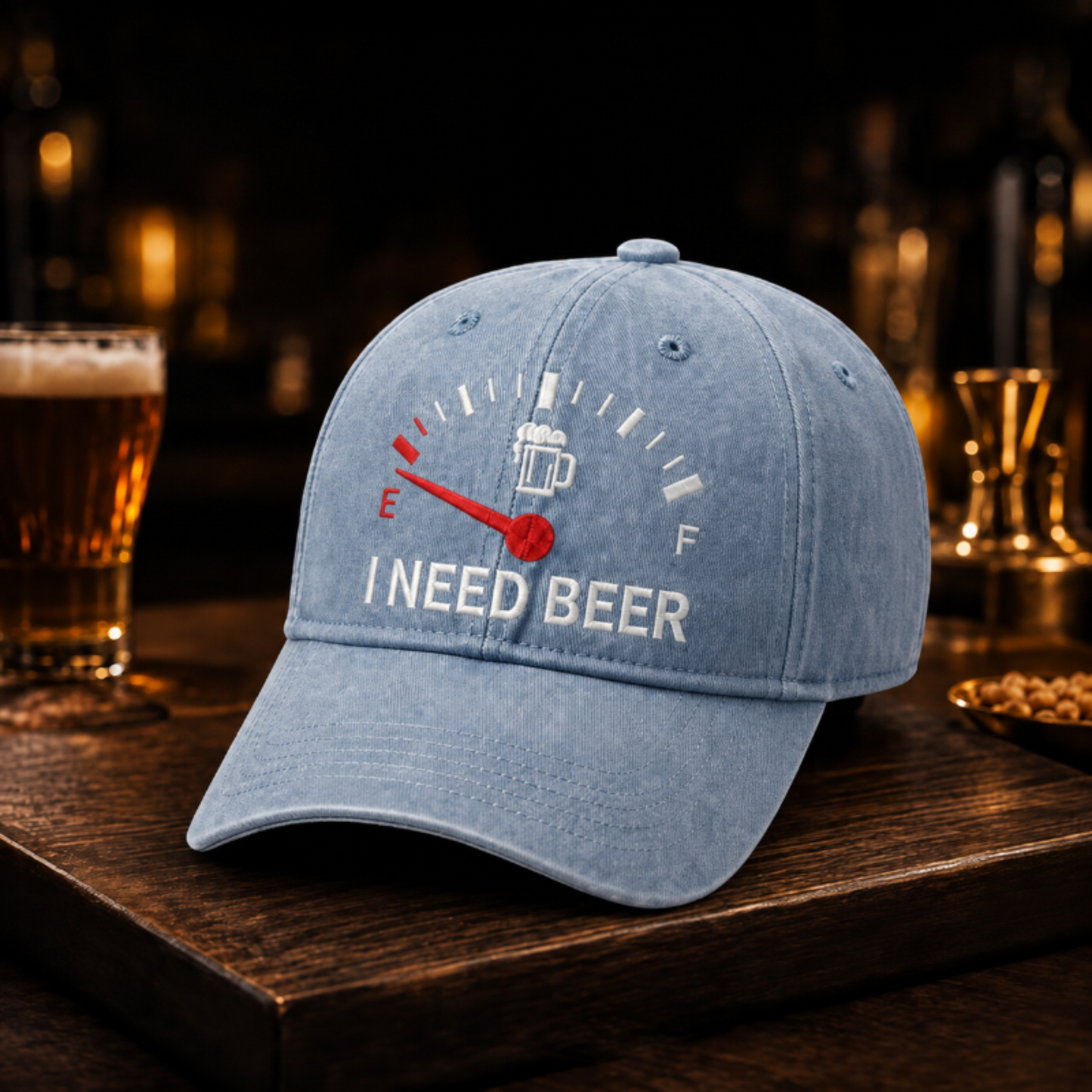 🧢 Casquette de Baseball Brodé "I NEED BEER" — Jauge à Bière Rigolote en Relief