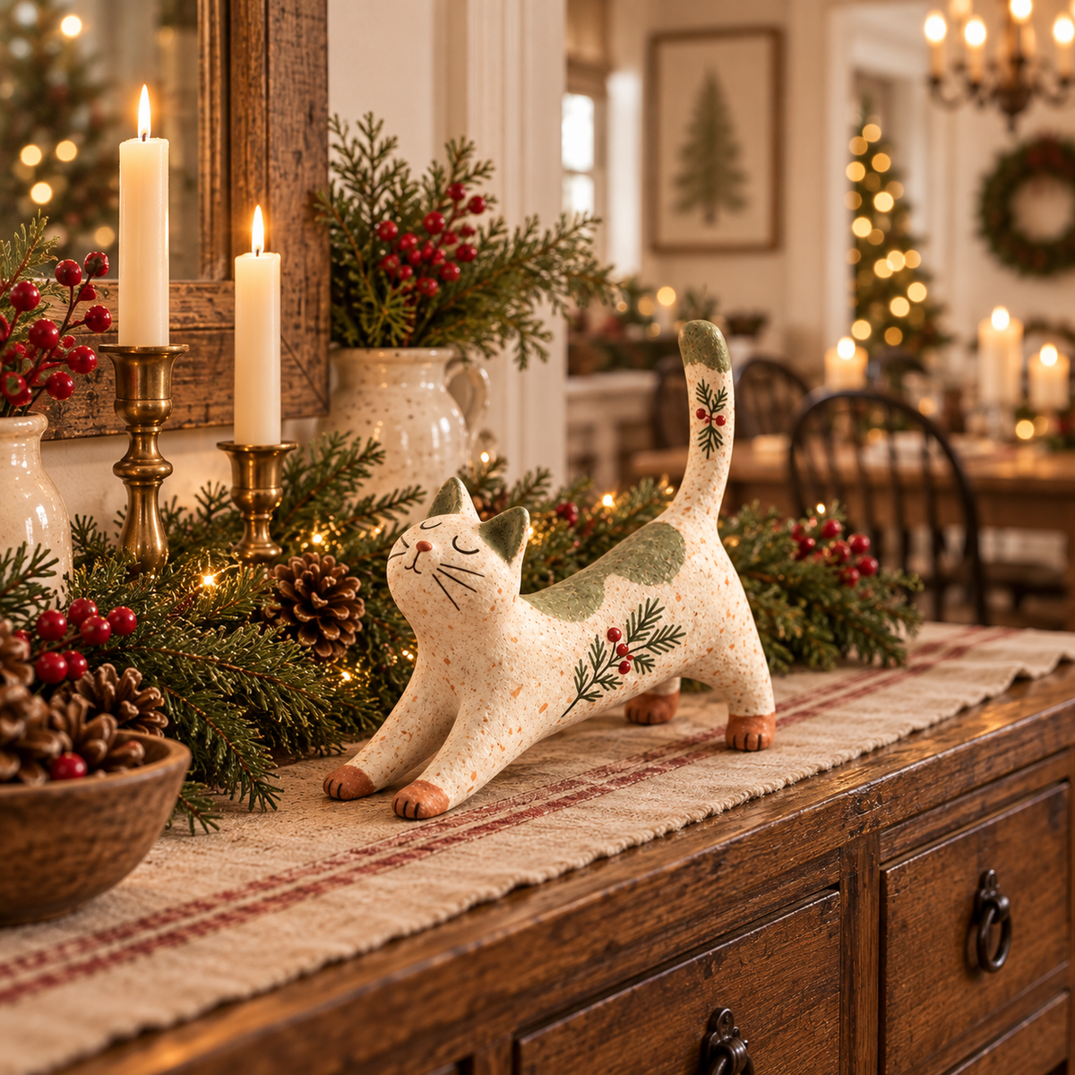 🐈🎄 Figurine de chat de Noël woodland--une touche chaleureuse et rustique pour votre maison de fête