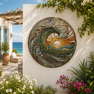 🌅 Fresque du phare de Golden Harbour – Décoration murale en métal style côtier vintage ⚓