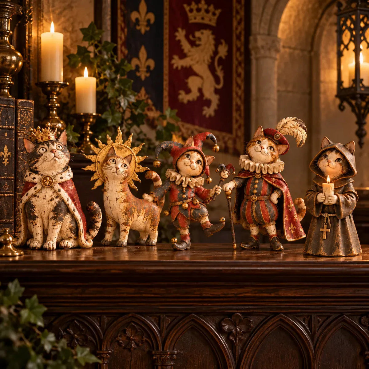 👑Cour médiévale des chats--5 figurines décoratives au charme vintage🐱