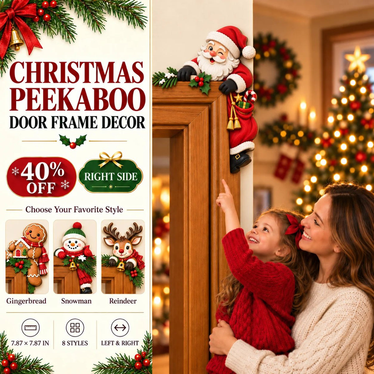 🎅 Décor de coin de porte Père Noël qui dépasse|8 personnages pour une entrée pleine de malice