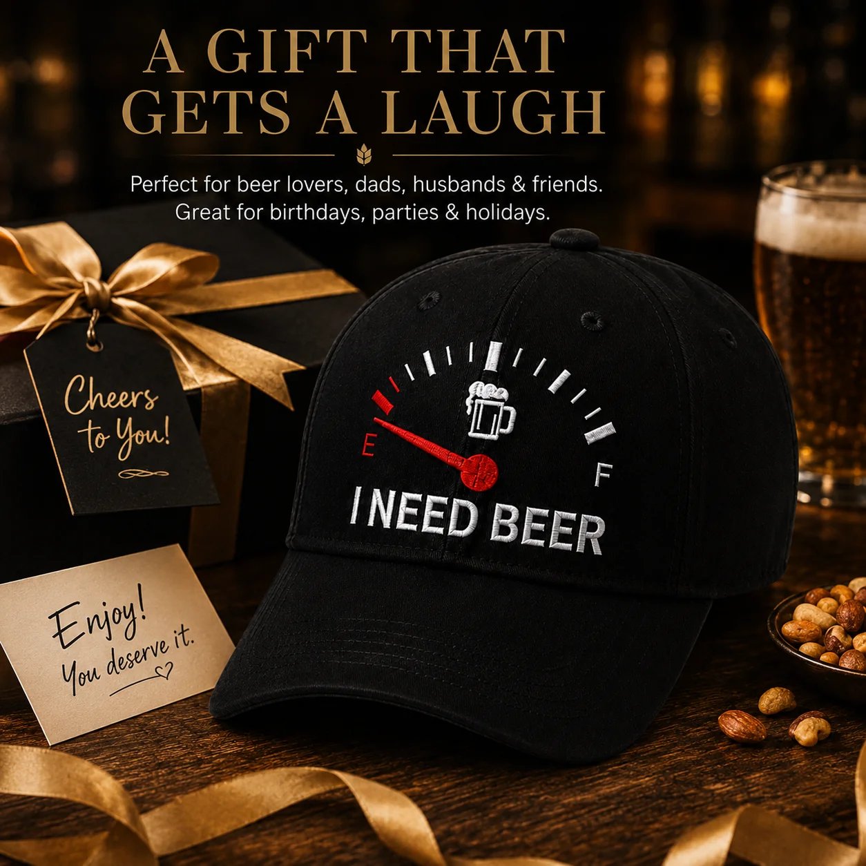 🧢 Casquette de Baseball Brodé "I NEED BEER" — Jauge à Bière Rigolote en Relief