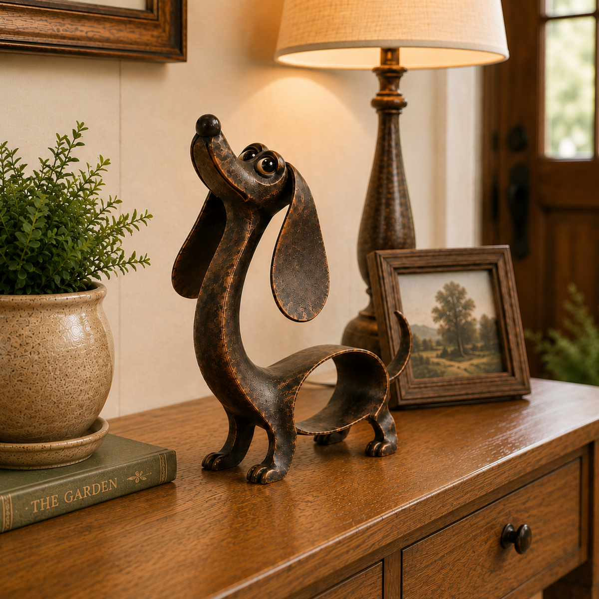 🐾🎨 Sculpture de basset en bronze ancien — une présence chaleureuse et pleine de caractère pour vos espaces