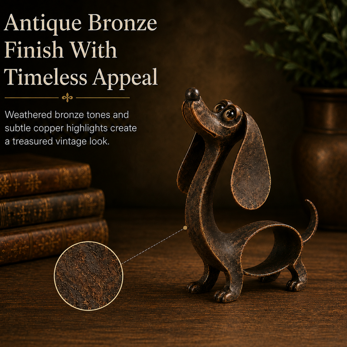 🐾🎨 Sculpture de basset en bronze ancien — une présence chaleureuse et pleine de caractère pour vos espaces
