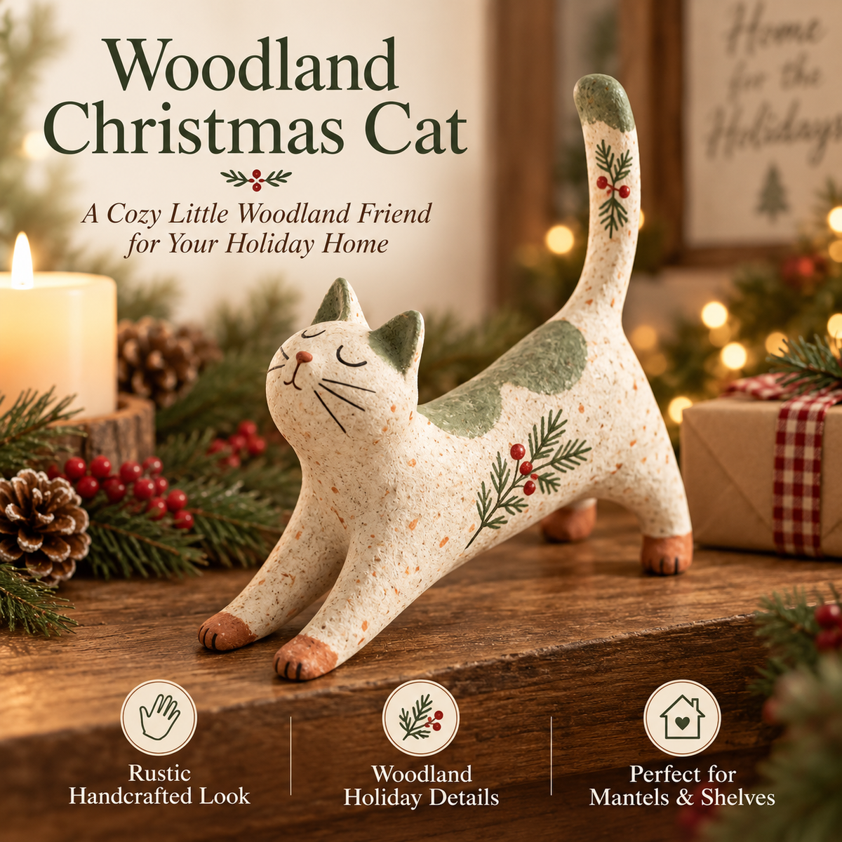 🐈🎄 Figurine de chat de Noël woodland--une touche chaleureuse et rustique pour votre maison de fête