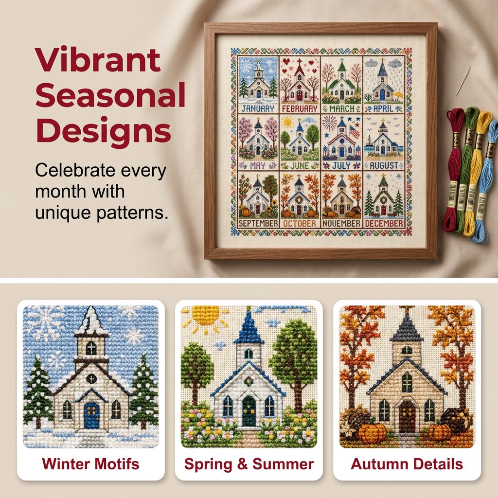 🌾🧵 Kit de point de croix Saisons et Fêtes (12 mois) — tissu pré-imprimé, pour broder sans compter
