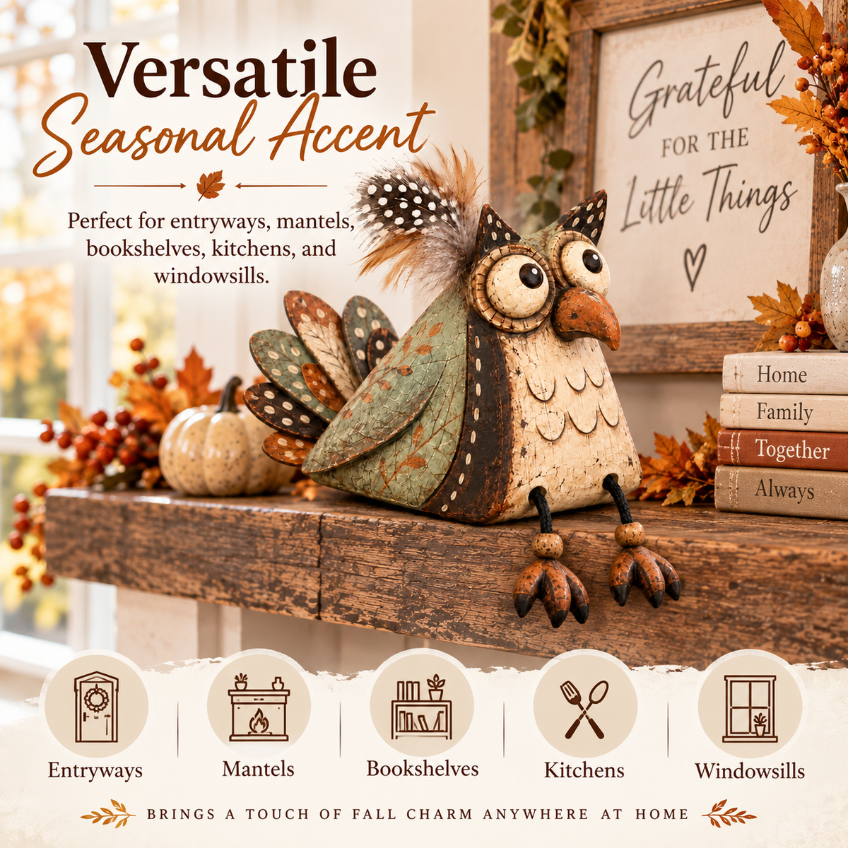🦉🍂 Statuette de hibou rustique pour étagère--un charme fermier ludique pour chaque coin