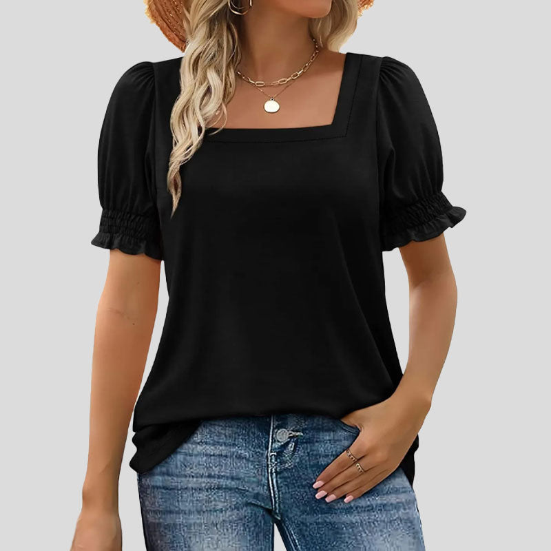 ⏳2025 Nouvelle arrivée🌸T-shirt à col carré et manches smockées pour femme