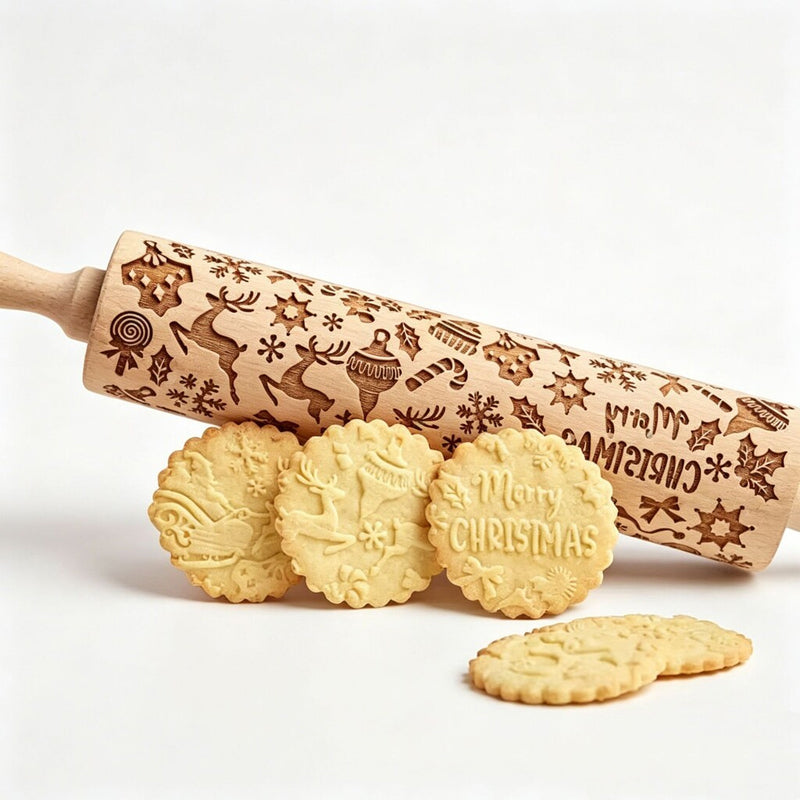 🎄🎨 Rouleau à pâtisserie gravé renne et bonhomme en pain d'épices — un simple geste, et vos biscuits se parent de motifs festifs