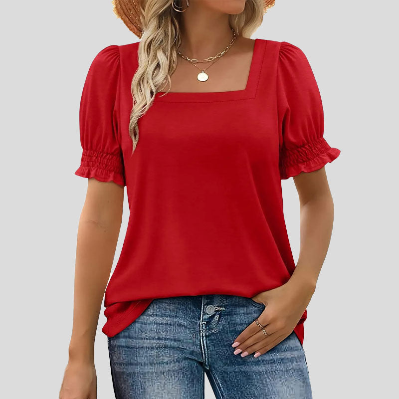 ⏳2025 Nouvelle arrivée🌸T-shirt à col carré et manches smockées pour femme