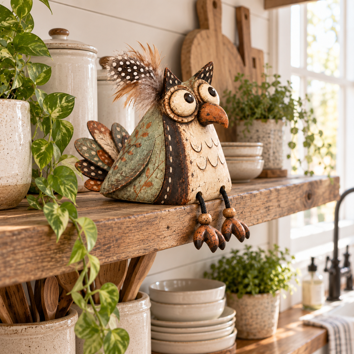 🦉🍂 Statuette de hibou rustique pour étagère--un charme fermier ludique pour chaque coin