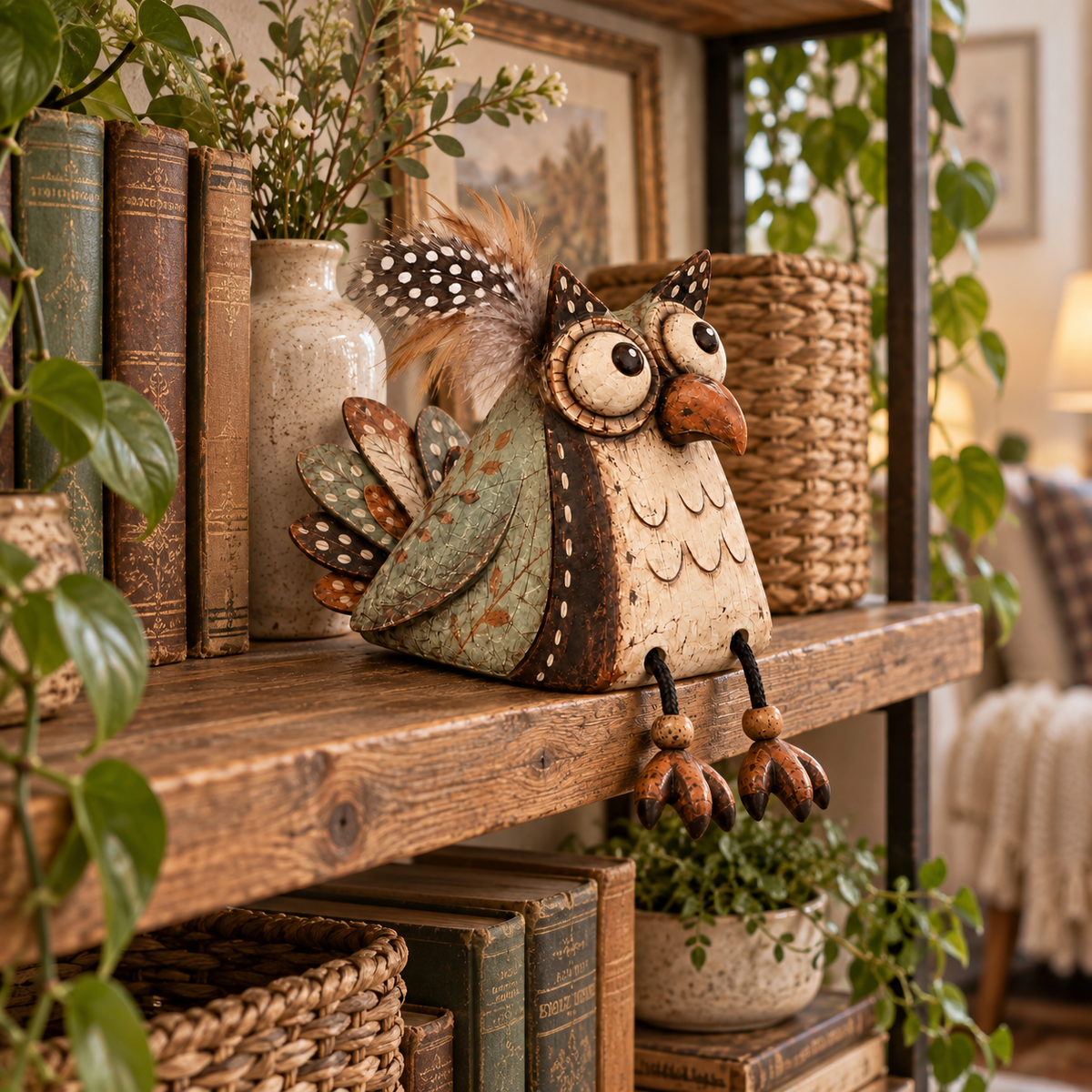 🦉🍂 Statuette de hibou rustique pour étagère--un charme fermier ludique pour chaque coin