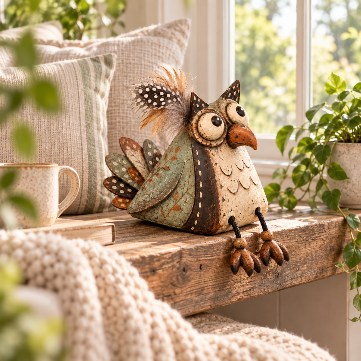 🦉🍂 Statuette de hibou rustique pour étagère--un charme fermier ludique pour chaque coin
