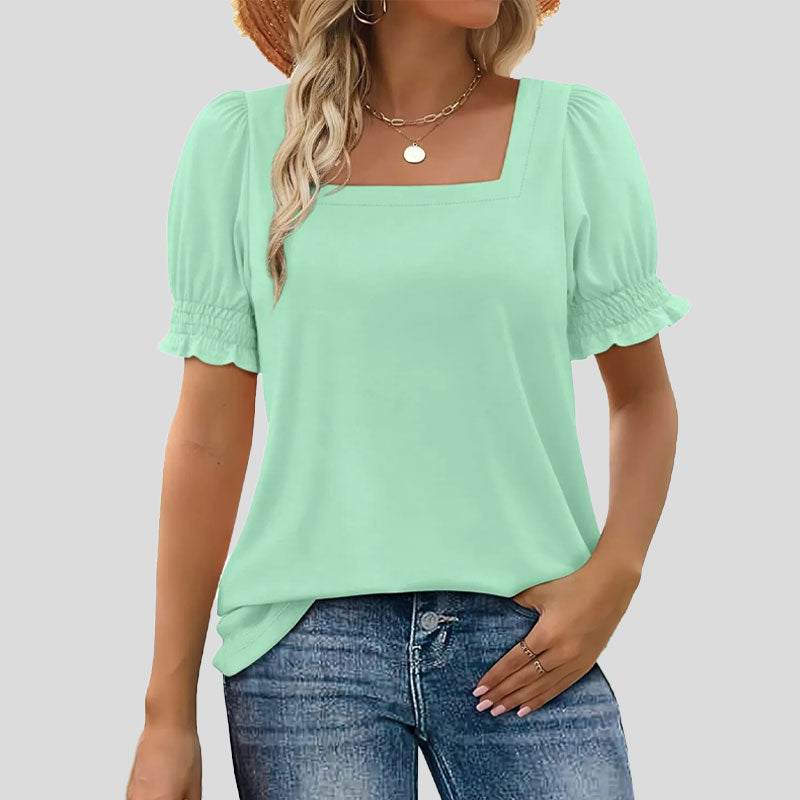 ⏳2025 Nouvelle arrivée🌸T-shirt à col carré et manches smockées pour femme