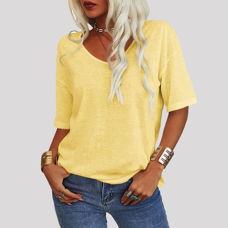 🌸Naisten Yksivärinen V-Pääntie T/Women's Solid Color V-Neck T