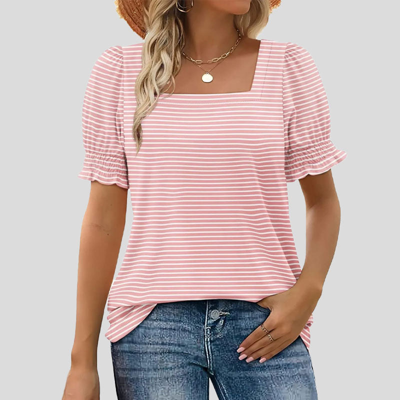 ⏳2025 Nouvelle arrivée🌸T-shirt à col carré et manches smockées pour femme