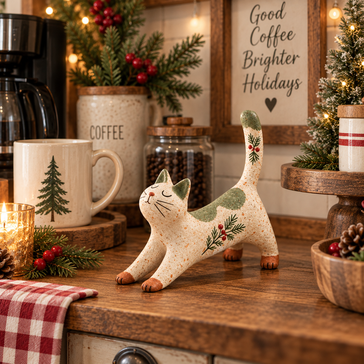 🐈🎄 Figurine de chat de Noël woodland--une touche chaleureuse et rustique pour votre maison de fête