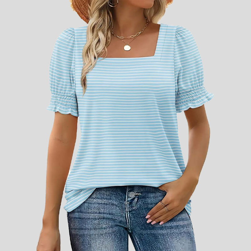 ⏳2025 Nouvelle arrivée🌸T-shirt à col carré et manches smockées pour femme