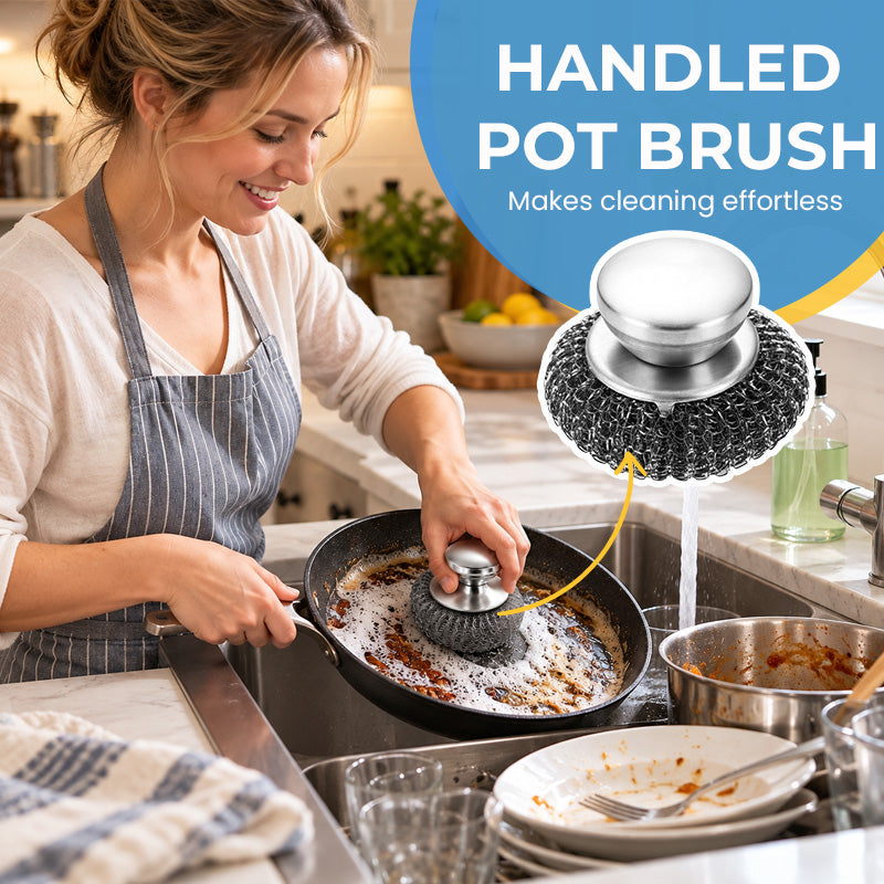 🧽🍳 Brosse à récurer les casseroles avec manche — Grattoir en fil d'acier pour venir à bout des saletés tenaces en cuisine