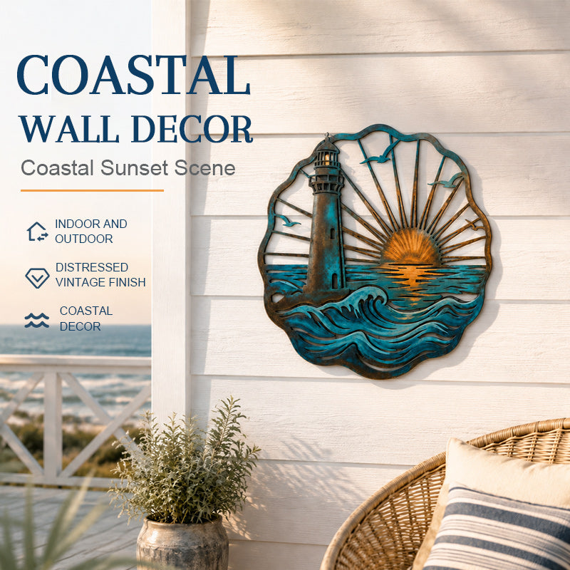 🌅 Fresque du phare de Golden Harbour – Décoration murale en métal style côtier vintage ⚓