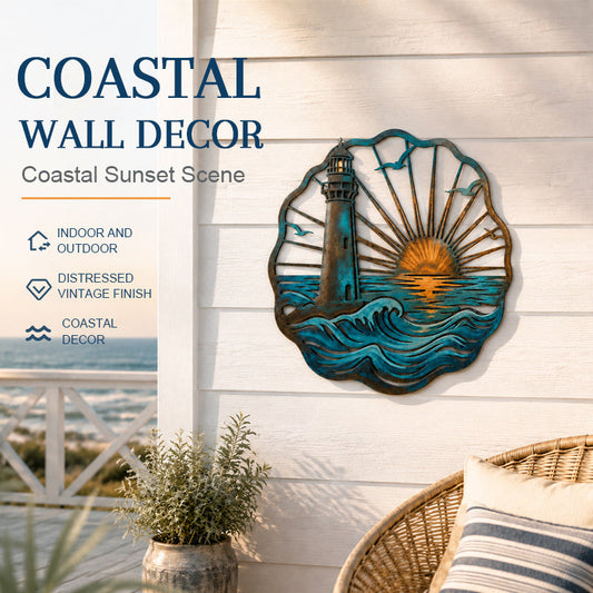 🌅 Fresque du phare de Golden Harbour – Décoration murale en métal style côtier vintage ⚓