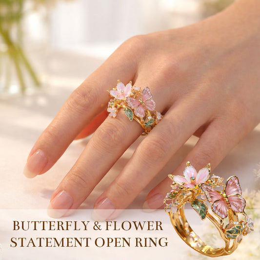 🦋Bague ouverte Butterfly & Flower Statement🌹