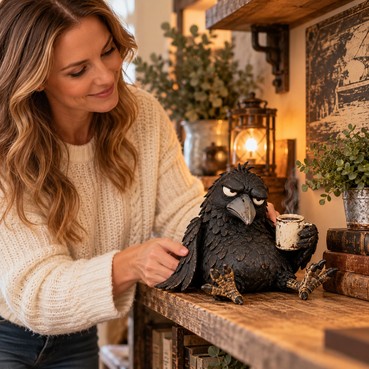☕Statuette de corbeau grognon – “Pas encore” Décoration matinale amusante