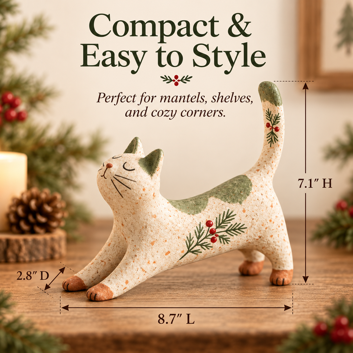 🐈🎄 Figurine de chat de Noël woodland--une touche chaleureuse et rustique pour votre maison de fête