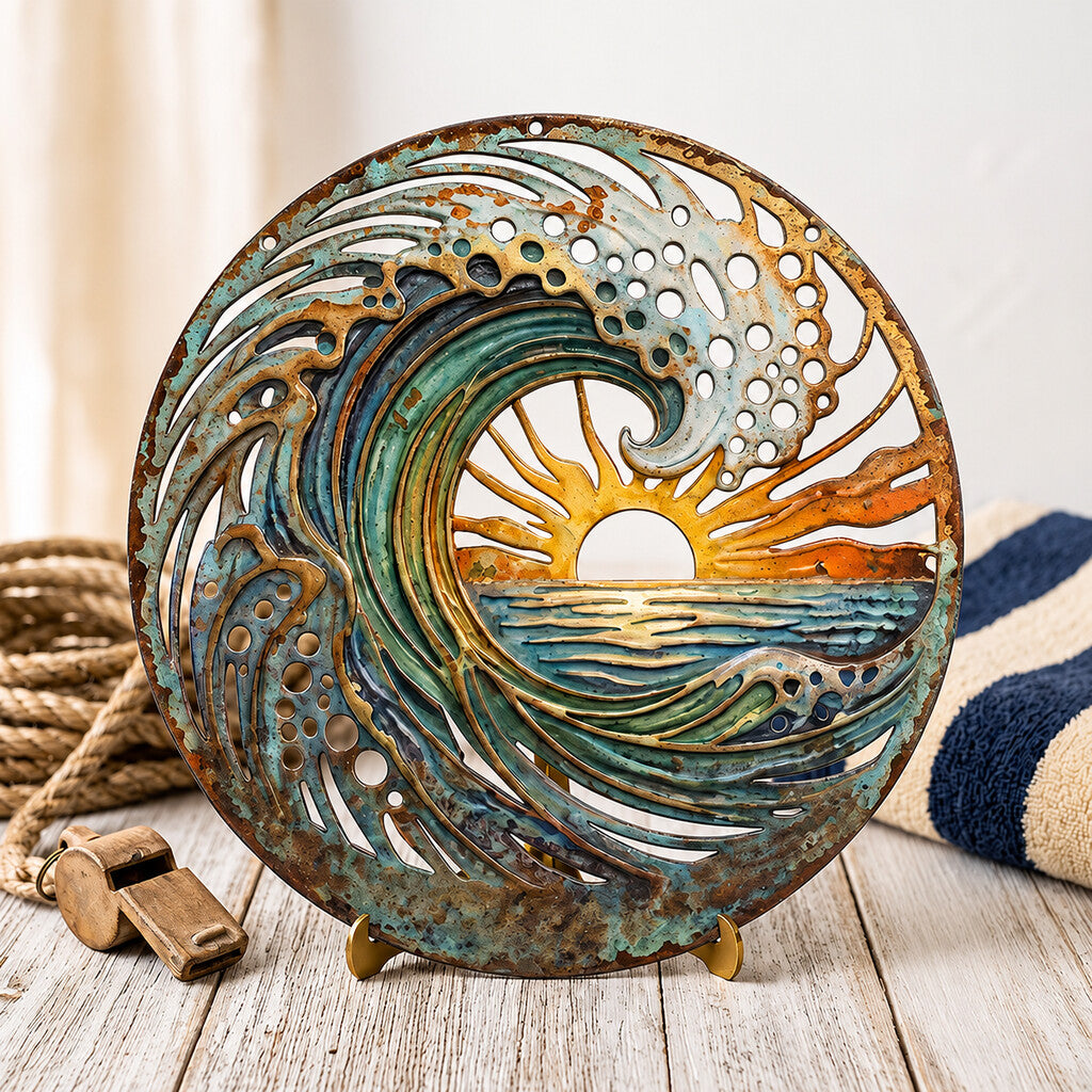 🌅 Fresque du phare de Golden Harbour – Décoration murale en métal style côtier vintage ⚓