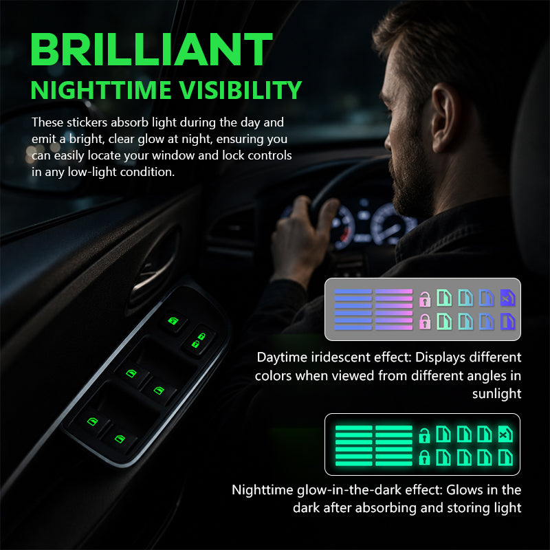 💡Autocollants lumineux pour interrupteur de lève-vitre de voiture - Bouton d'avertissement lumineux de nuit coloré