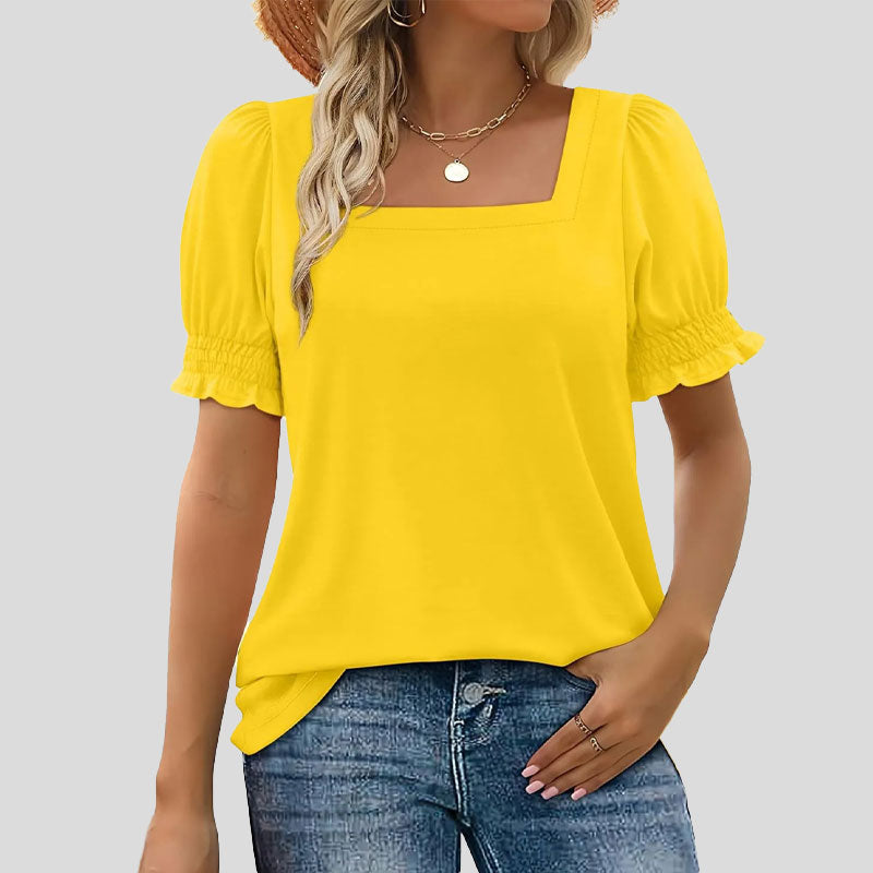 ⏳2025 Nouvelle arrivée🌸T-shirt à col carré et manches smockées pour femme