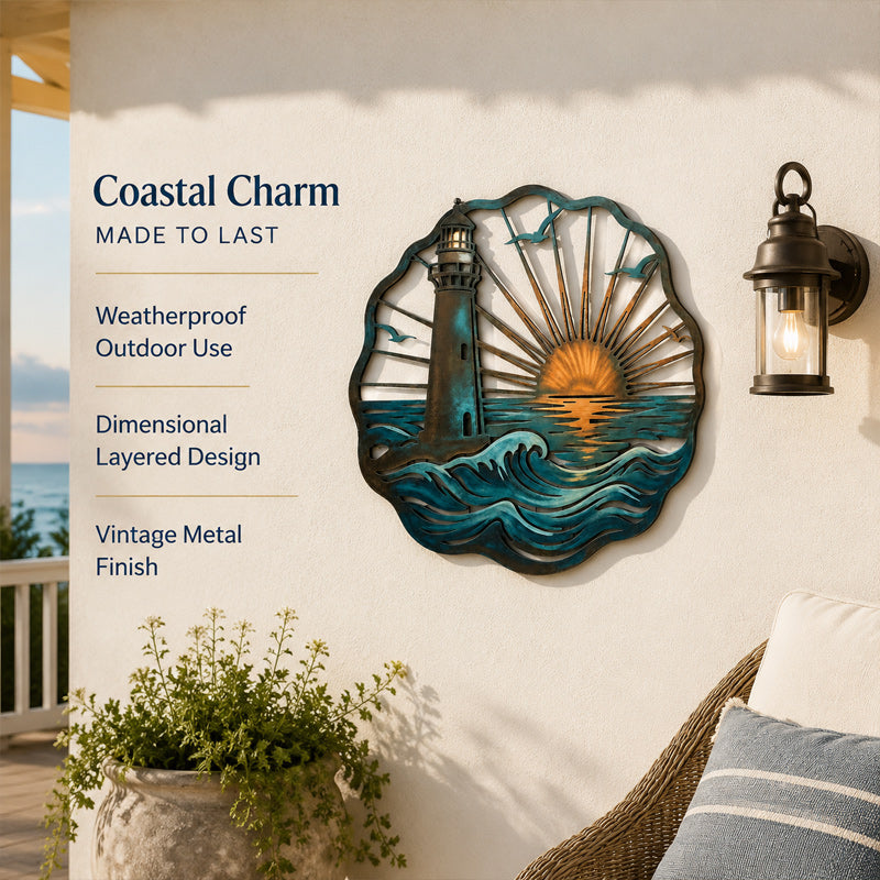 🌅 Fresque du phare de Golden Harbour – Décoration murale en métal style côtier vintage ⚓