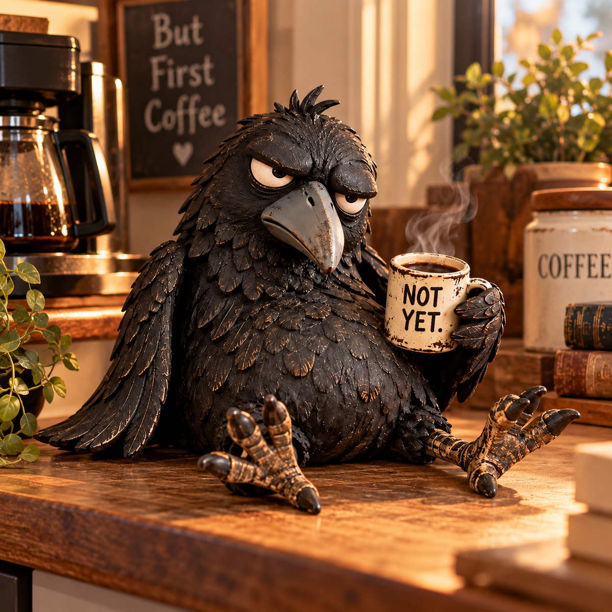 ☕Statuette de corbeau grognon – “Pas encore” Décoration matinale amusante