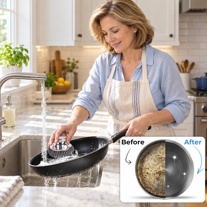 🧽🍳 Brosse à récurer les casseroles avec manche — Grattoir en fil d'acier pour venir à bout des saletés tenaces en cuisine