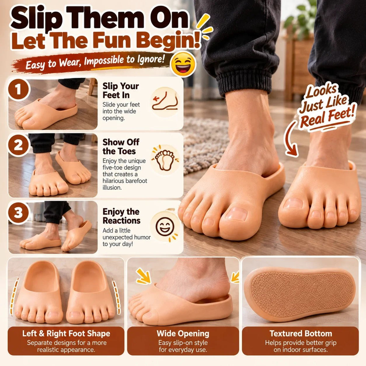 😂 Pantoufles réalistes en forme de pieds nus – Chaussons rigolos avec d’énormes orteils, cadeau hilarant pour faire une blague 👣