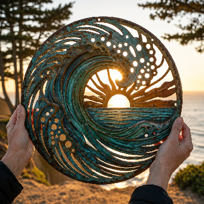 🌅 Fresque du phare de Golden Harbour – Décoration murale en métal style côtier vintage ⚓