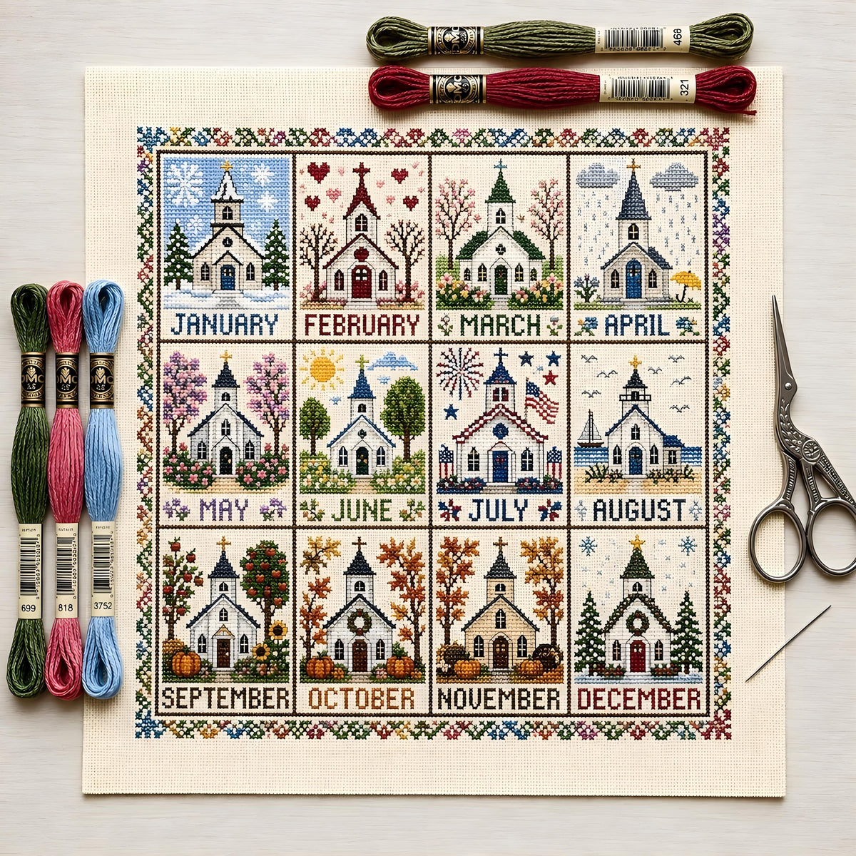 🌾🧵 Kit de point de croix Saisons et Fêtes (12 mois) — tissu pré-imprimé, pour broder sans compter