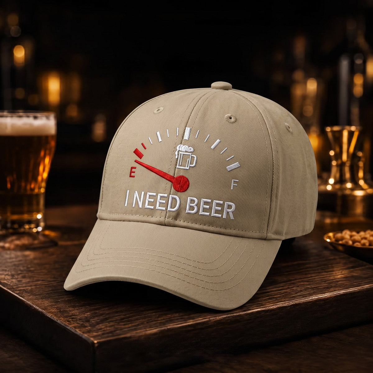 🧢 Casquette de Baseball Brodé "I NEED BEER" — Jauge à Bière Rigolote en Relief