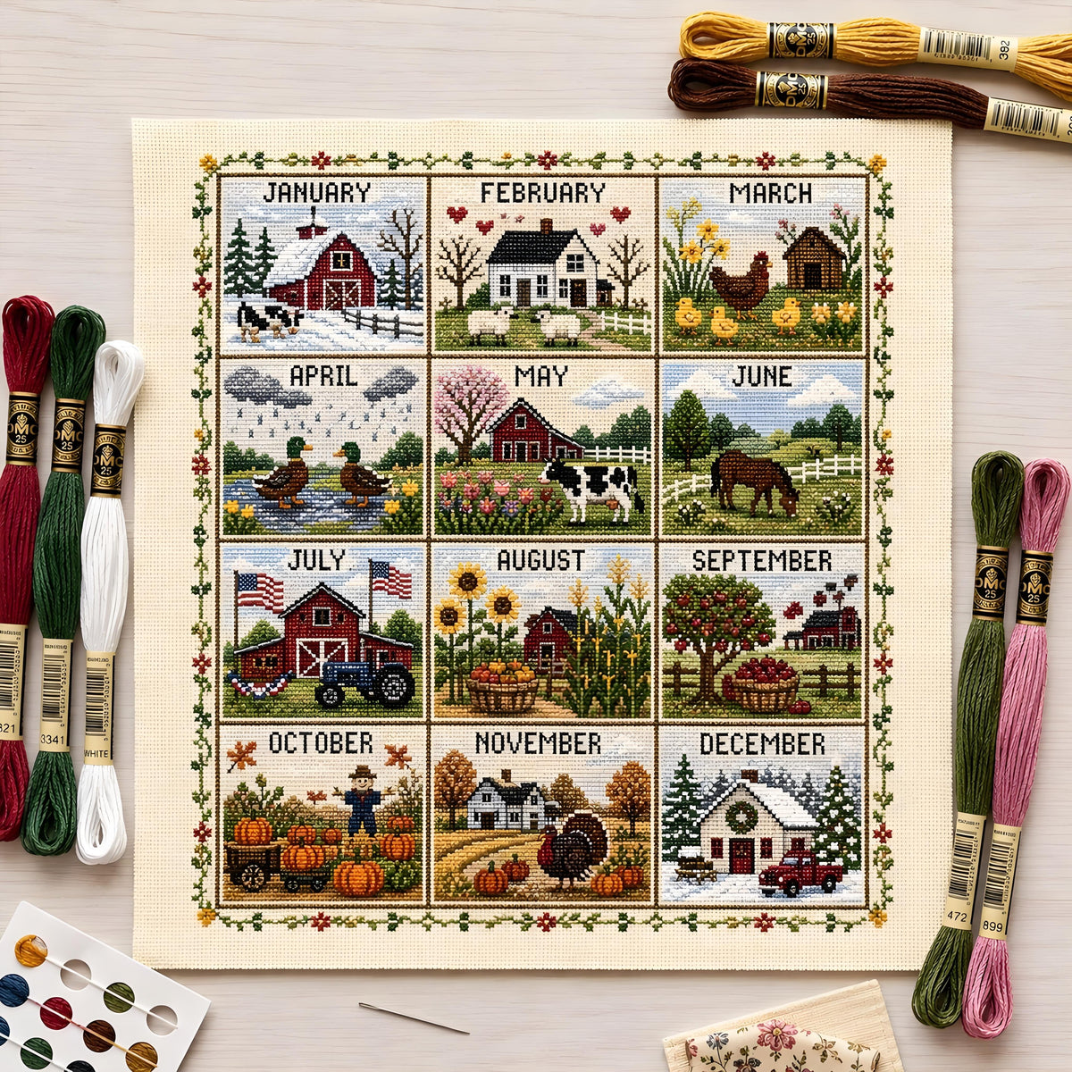 🌾🧵 Kit de point de croix Saisons et Fêtes (12 mois) — tissu pré-imprimé, pour broder sans compter