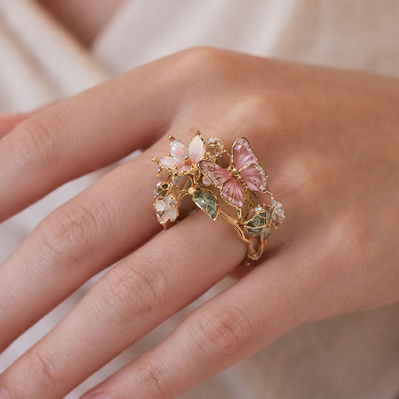 🦋Bague ouverte Butterfly & Flower Statement🌹