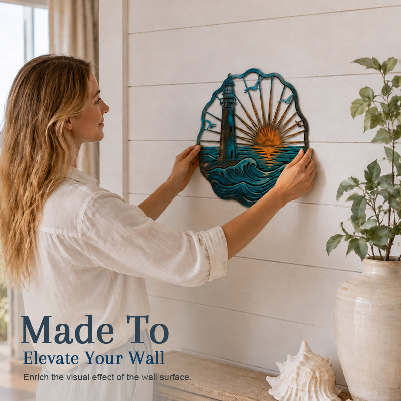 🌅 Fresque du phare de Golden Harbour – Décoration murale en métal style côtier vintage ⚓