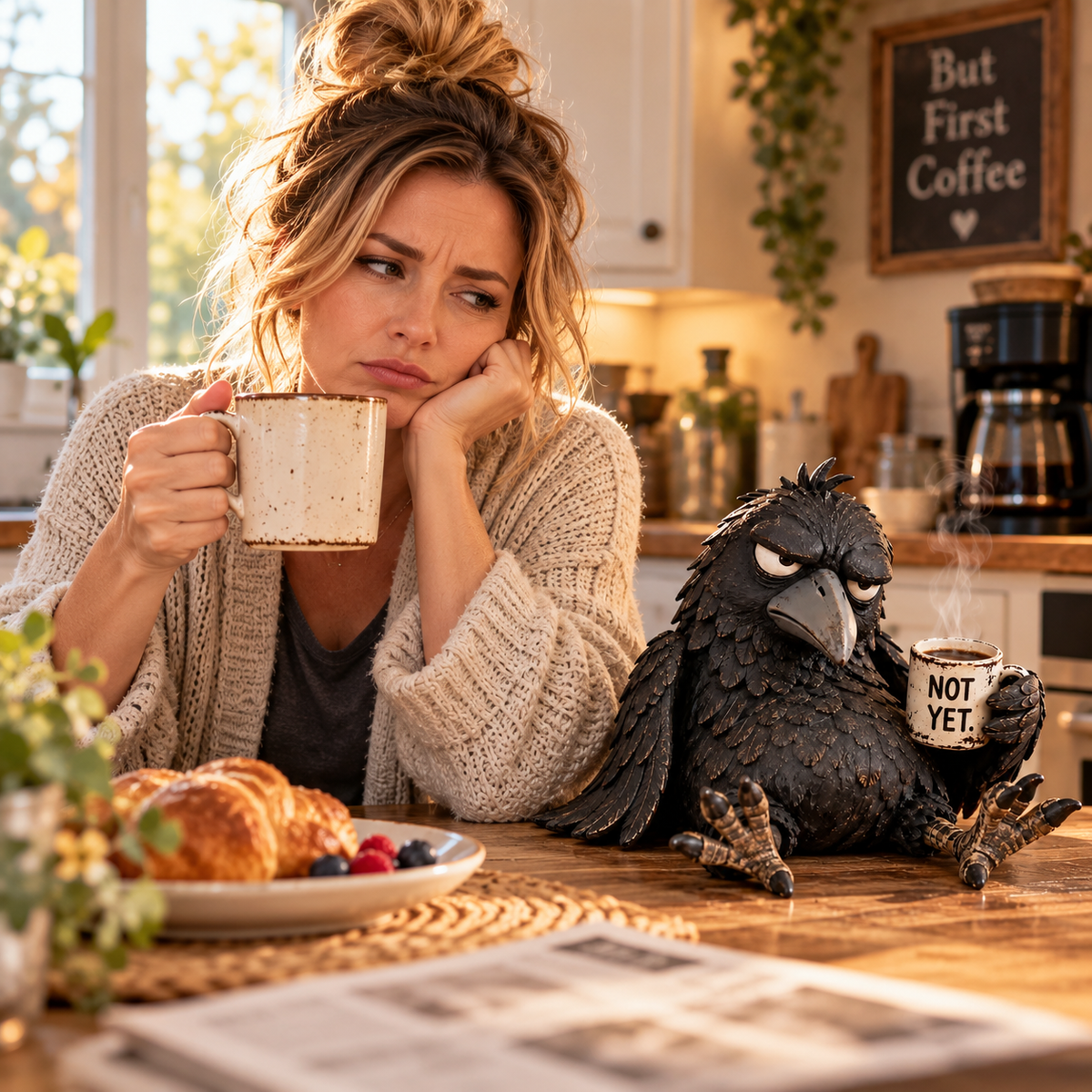 ☕Statuette de corbeau grognon – “Pas encore” Décoration matinale amusante
