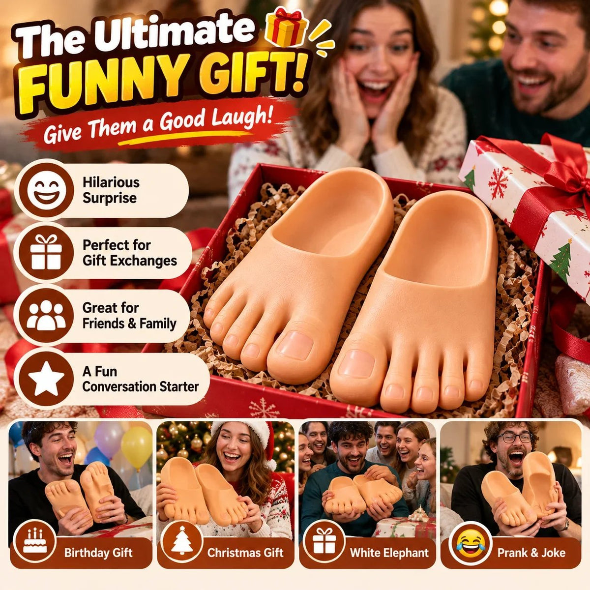 😂 Pantoufles réalistes en forme de pieds nus – Chaussons rigolos avec d’énormes orteils, cadeau hilarant pour faire une blague 👣