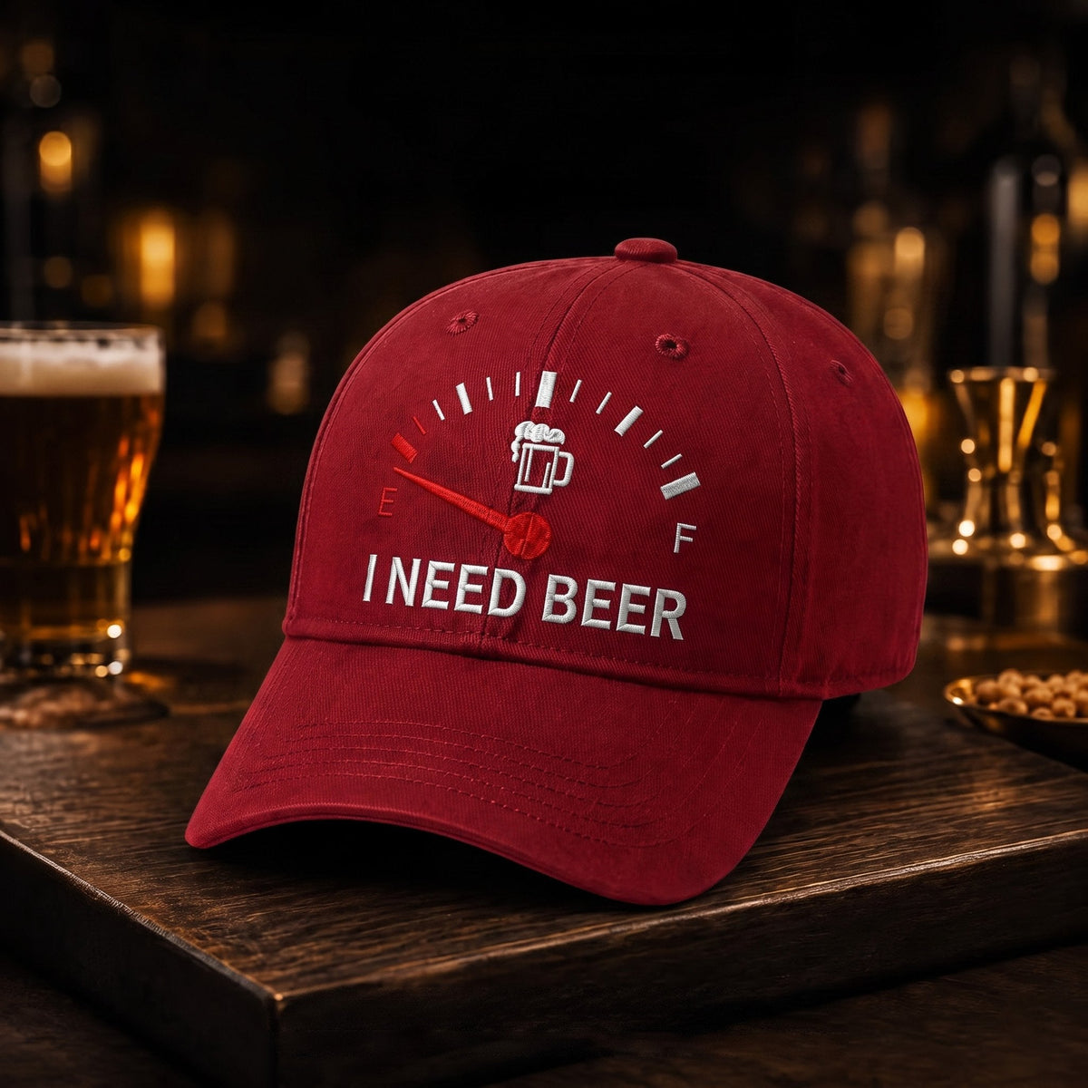 🧢 Casquette de Baseball Brodé "I NEED BEER" — Jauge à Bière Rigolote en Relief