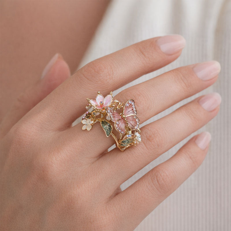 🦋Bague ouverte Butterfly & Flower Statement🌹