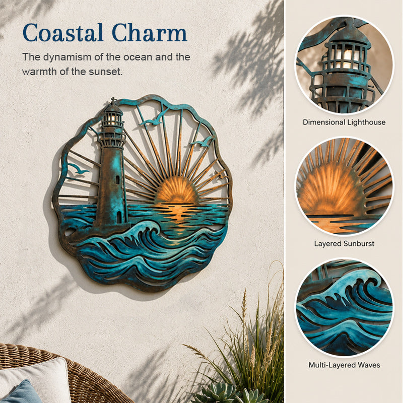🌅 Fresque du phare de Golden Harbour – Décoration murale en métal style côtier vintage ⚓