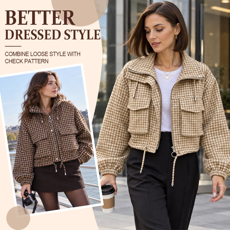 🧥Veste courte femme à motif pied-de-poule et style utilitaire🍂