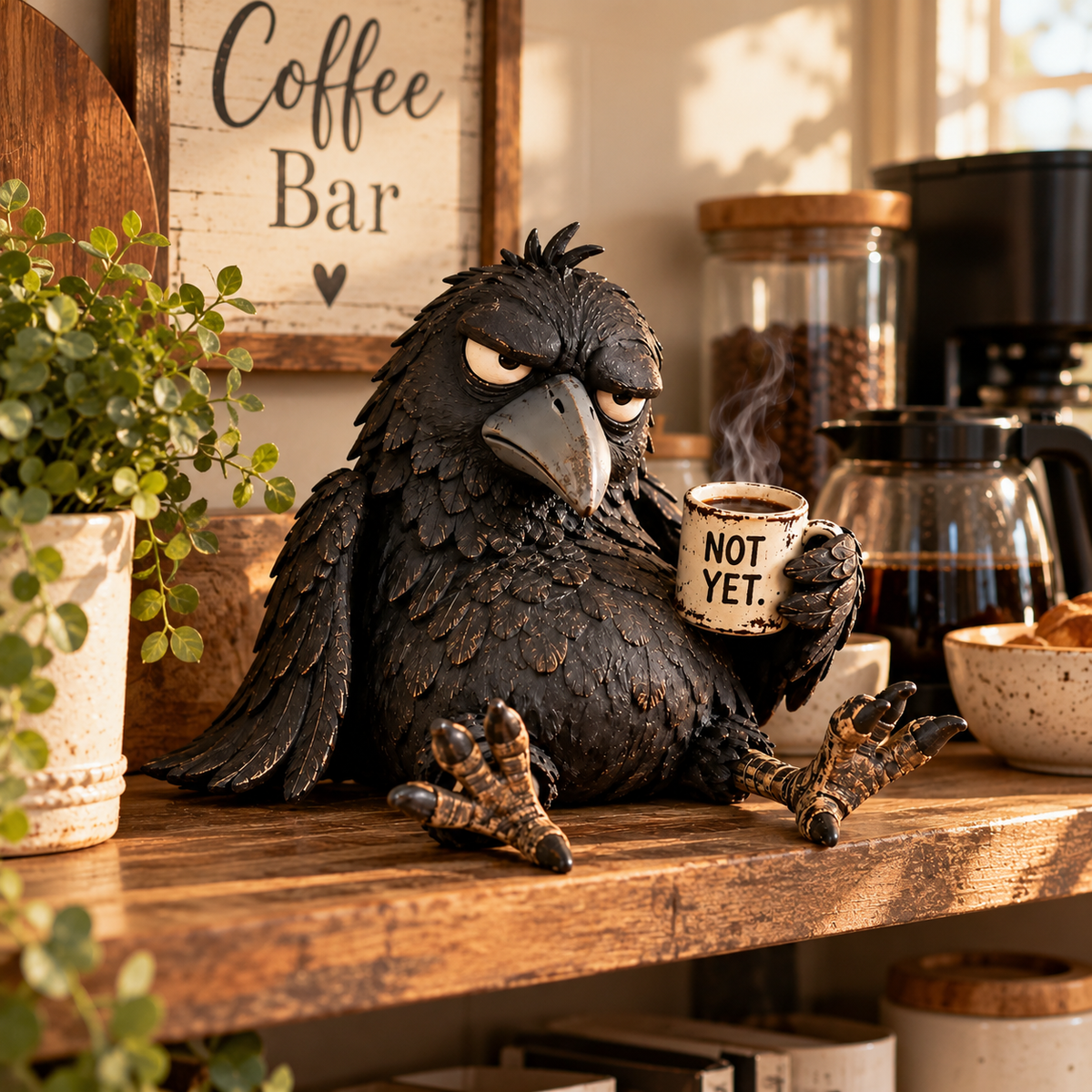 ☕Statuette de corbeau grognon – “Pas encore” Décoration matinale amusante