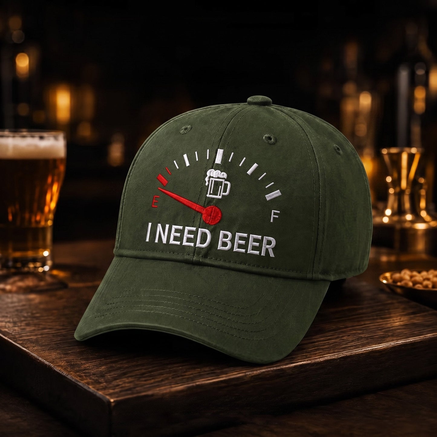 🧢 Casquette de Baseball Brodé "I NEED BEER" — Jauge à Bière Rigolote en Relief
